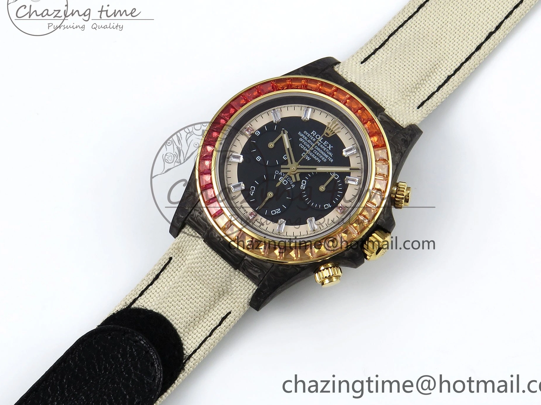 MiroTime 0513 Refined Daytona DIW Carbon Case DIWF Edition Black White Dial Orange Diamonds Bezel on White Nylon Strap A 1668